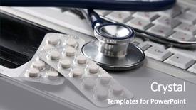  Presentation with drug - Colorful slides enhanced with drug tablets - computer and stethoscope backdrop and a  colored foreground