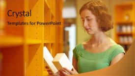  Presentation with medications - PPT layouts with drug test - female customer in pharmacy comparing background and a gold colored foreground