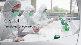  Presentation with drug test - Beautiful presentation featuring drug test - three chemists working in protective backdrop and a light gray colored foreground