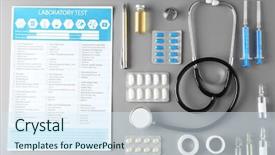  Presentation with flat - Audience pleasing PPT theme consisting of drug testing workplace - doctor table with medical items backdrop and a sky blue colored foreground