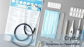  Presentation with flat - Audience pleasing PPT theme consisting of drug testing workplace - doctor table with medical items backdrop and a light blue colored foreground