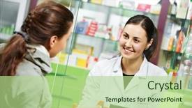  Presentation with medical pharmacy - PPT theme consisting of drug to buyer in pharmacy background and a mint green colored foreground