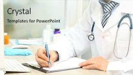  Presentation with doctor office - PPT layouts consisting of drug types - doctor working at table background and a soft green colored foreground