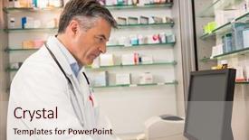  Presentation with hospital pharmacy - Presentation enhanced with drug types - focused pharmacist using the computer background and a lemonade colored foreground