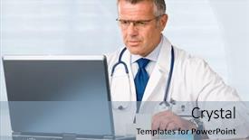  Presentation with prescriptions - Presentation design having drug types - mature doctor working on laptop background and a light blue colored foreground