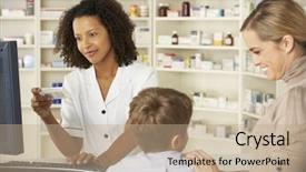  Presentation with mother and child health care - Colorful presentation theme enhanced with drug types - pharmacist in pharmacy with mother backdrop and a coral colored foreground