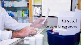  Presentation with pharmacy - PPT layouts consisting of drug types - pharmacist making entries on computer background and a light blue colored foreground