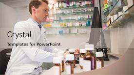  Presentation with hospital pharmacy - Amazing slide set having drug types - pharmacist using computer at desk backdrop and a soft green colored foreground