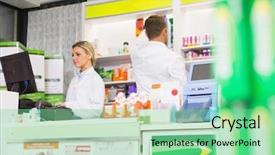  Presentation with team together everyone achieves more - Cool new slide deck with drug types - team of pharmacists working together backdrop and a seafoam green colored foreground