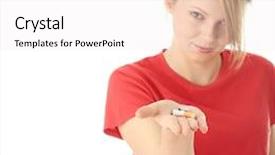  Presentation with smoking - PPT layouts enhanced with drug withdrawal - young caucasian woman quiting smoking background and a white colored foreground