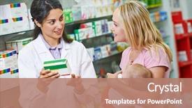  Presentation with woman child - Presentation theme with drugs - cheerful pharmacist chemist woman giving background and a coral colored foreground