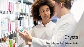  Presentation with pharmacy - Slides consisting of drugs - dedicated female pharmacist talking background and a soft green colored foreground