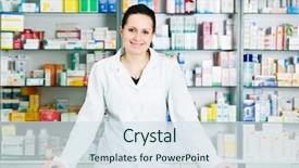  Presentation with chemist - Slide deck featuring drugs - happy cheerful pharmacist chemist woman background and a sky blue colored foreground