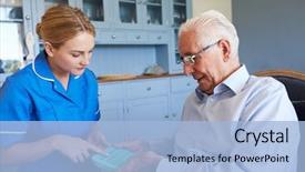  Presentation with helping man - Colorful slide deck enhanced with drugs - nurse helping senior man backdrop and a light blue colored foreground