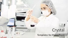  Presentation with pharmaceutical - Slide set consisting of drugs - pharmaceutical scientific female researcher background and a sky blue colored foreground