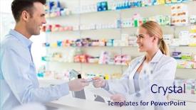  Presentation with pharmacy - Slide deck consisting of drugs - pharmacist and client at pharmacy background and a sky blue colored foreground