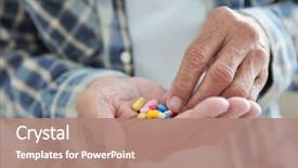  Presentation with pills - Presentation theme with drugs - senior man taking pills closeup background and a coral colored foreground