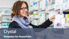  Presentation with product - Theme having drugs - smiling female consumer choosing product background and a ocean colored foreground