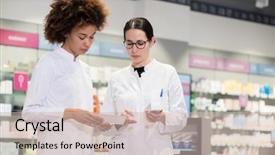  Presentation with lab coats - Colorful PPT theme enhanced with drugs - two experienced female pharmacists wearing backdrop and a soft green colored foreground