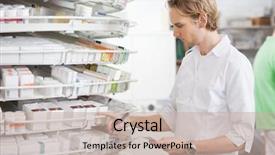  Presentation with drug pharmacy - PPT layouts featuring drugs - young caucasian male filling drug background and a mint green colored foreground