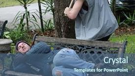  Presentation with homeless - Colorful slide deck enhanced with alcohol drug crime - homeless man sleeping backdrop and a ocean colored foreground