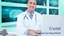  Presentation with laptop - Slide set with drugs brain - portrait of smiling businessman using background and a sky blue colored foreground