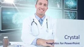  Presentation with medical procedure simulation using plasma - Presentation theme featuring drugs brain - portrait of smiling businessman using background and a sky blue colored foreground