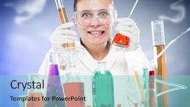  Presentation with tubes - Presentation design consisting of drugs explosion - woman scientist in laboratory background and a seafoam green colored foreground