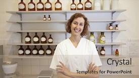  Presentation with pharmacist - Slide deck consisting of pharmaceutical formulations - female pharmacist standing in lab background and a coral colored foreground