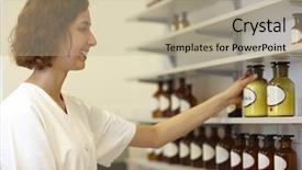  Presentation with pharmacist - Colorful PPT theme enhanced with pharmaceutical formulations - pharmacist putting drug bottle backdrop and a mint green colored foreground