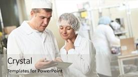  Presentation with pharmacy tablet - Slide deck with drugs manufacturing - two pharmaceutical workers discussing manufacture background and a light gray colored foreground