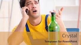  Presentation with mechanical engineering engineer tools - PPT layouts with drunk engineer working in the workshop background and a gold colored foreground