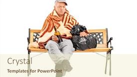  Presentation with homeless - Cool new slide deck with drunk homeless mature man sitting on a bench and holding a bottle isolated on white background backdrop and a cream colored foreground