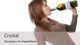  Presentation with white wine and red - Cool new presentation theme with drunk people - young caucasian woman with bottle backdrop and a light gray colored foreground