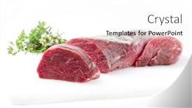  Presentation with copy space - Presentation design enhanced with dry aged beef fillet steak natural with a bouquet garni as closeup on white background with copy space isolated background and a white colored foreground