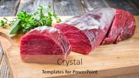  Presentation with cutting board - PPT theme enhanced with dry-aged-beef-fillet-steak background and a coral colored foreground