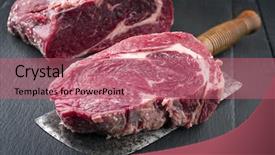  Presentation with steak - Slide deck featuring dry aged kobe entrecote steak background and a coral colored foreground