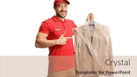  Presentation with dry cleaning - Theme with dry-cleaning-worker-holding background and a coral colored foreground