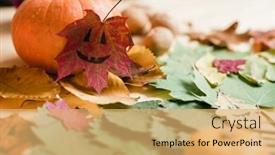  Presentation with faces - Presentation design consisting of dry colorful autumn foliage big ripe pumpkin and drawn faces on leaves making halloween composition background and a yellow colored foreground