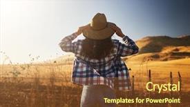  Presentation with rural india view - Presentation design featuring dry grassland - woman wearing hat from behind background and a tawny brown colored foreground