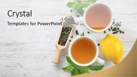  Presentation with mint - Theme having dry leaves - cups of mint tea background and a white colored foreground