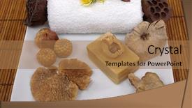  Presentation with natural soap - Amazing presentation design having dry mushroom seeds natural olive oil soap roses and towel backdrop and a coral colored foreground