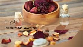  Presentation with oils - Beautiful presentation theme featuring elixir - dry roses rose petals leaves backdrop and a coral colored foreground