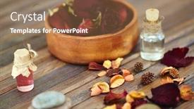  Presentation with oils - Amazing PPT layouts having dry roses rose petals and essential oils on wooden surface backdrop and a coral colored foreground