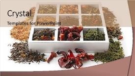  Presentation with tea variety - Amazing PPT theme having variety of dry tea in wooden box isolated on white backdrop and a coral colored foreground