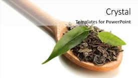  Presentation with tea leaves - Audience pleasing PPT theme consisting of dry tea with green leaves in wooden spoon isolated on white backdrop and a white colored foreground