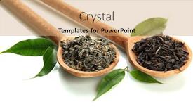  Presentation with tea leaves - Colorful slide set enhanced with dry tea with green leaves in wooden spoons isolated on white backdrop and a coral colored foreground