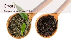  Presentation with tea leaves - Cool new slide deck with dry tea with green leaves in wooden spoons isolated on white backdrop and a lemonade colored foreground