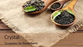  Presentation with tea leaves fresh green leaf - Slide set with dry tea with green leaves background and a coral colored foreground