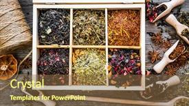  Presentation with dry - Colorful slide set enhanced with aromatic dry teas in wooden backdrop and a tawny brown colored foreground